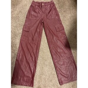 Wild Fable Cargo Pants Women XXS Burgundy Faux Leather Wide Leg High Rise